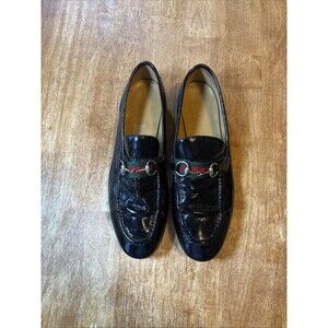 Gucci Loafers Web Grossgain Horsebit Black Patent Flats Shoes Sz 37.5 Mocassins